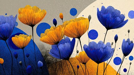 Colorful Abstract Floral Design with Blue and Yellow Blooms