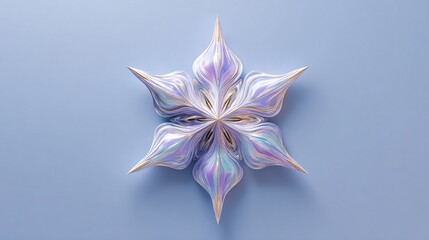 Abstract, iridescent snowflake design on a pale blue background