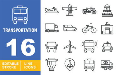 Transportation line icon set. Waterplane, Plane, Motorbike, Building, Truck, Van, Bike, Lift, Car, Airplane, Bus, Cartop, Ballon, Pinplane, Autobus, Delivery and more. Editable stroke icons collection