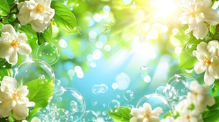 Bright Floral Background with Bubbles and Soft Sunlight Effects