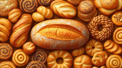 Freshly Baked Bread Loaves and Pastries on Warm Background Display