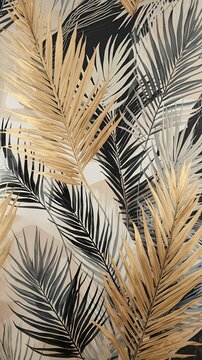 Abstract Golden Palm and Black Line Art Botanical Wallpaper for Modern Interior Design