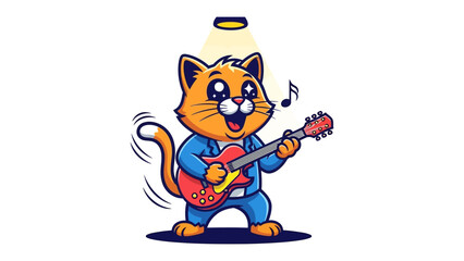 Feline Rock Star: A cheerful cartoon cat passionately strums a guitar, embodying a musical spirit and playful persona in vibrant illustrative style.