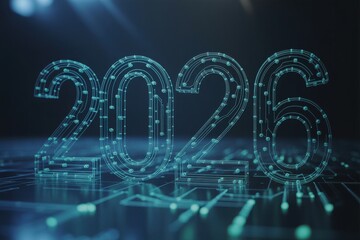 Futuristic glowing digital numbers 2026 on a circuit board background