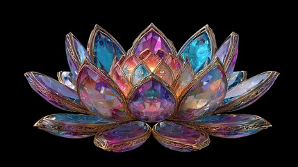 A mesmerizing jewel-encrusted lotus flower, radiating vibrant hues of pink, purple, and teal, with ornate golden accents.  Its intricate detailing and gemstone 