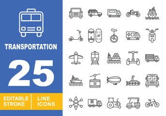 Transportation line icon set. Car, Suv, Trailer, Motorcycle, Ship, Kickboard, Skateboard, Unicycle, Boat, Aircraft, Tram, Carrier, Segway, Delivery, Helicopter, Cableway. Editable stroke icons