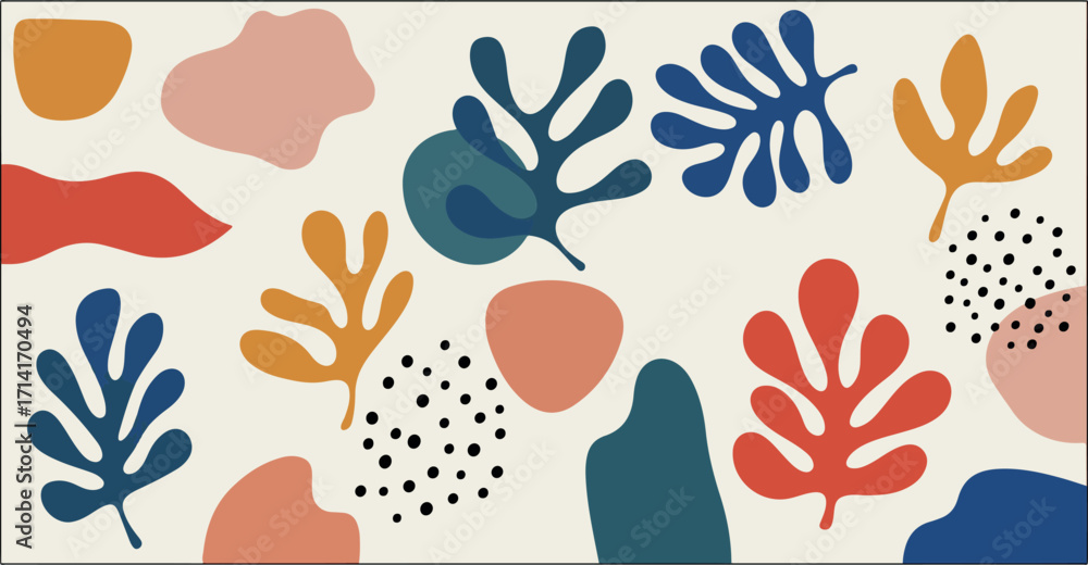 Poster abstract composition of colorful leaf and shape designs on isolated background