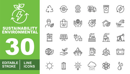 Sustainability line icon set. Recycle, Gear, Cleaning, Tankertruck, Ecoenergy, Leaf, Powerplant, House, Lightbulb, Powerstation, Handpower, Gasstation, Waterdrop and more. Editable stroke icons