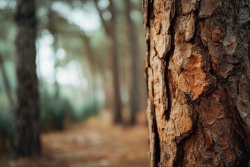 Obraz premium Close-up of a weathered pine tree trunk, with a blurred forest background (2)
