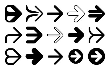 Collection of diverse black and white arrow icons pointing right
