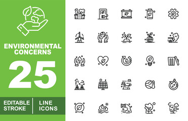 Environmental line icon set. Factory, Powerstation, Battery, Refill, Gear, Windpower, Handglobe, Plant, Globeplant, Truck, Handdrop, Heartplant, Circulardrop, Leafbulb. Editable stroke icon collection