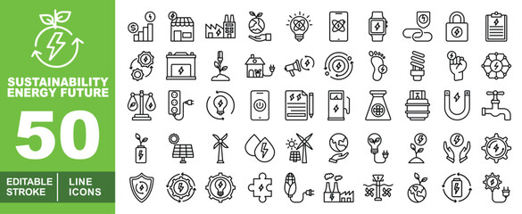 Sustainability line icon set. Graph, Shop, Factory, Handearth, Lightbulb, Phone, Watch, Chain, Lock, Clipboard, Gears, Battery, Plant, House, Speaker. Editable stroke icons collection.