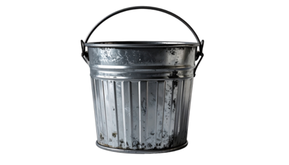 A weathered metal trash can