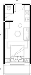Studio Apartment Floor Plan with Kitchenette. 5
