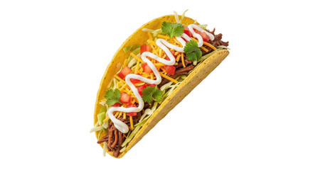 Isolated taco with beef, cheese, lettuce, tomatoes, and sour cream; single food item
