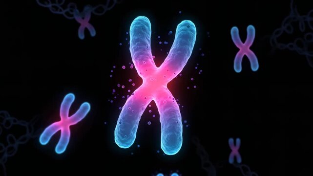 Chromosome x glowing with pink and blue colors on black. Human dna structure scientific view for biological and medical research footage.
