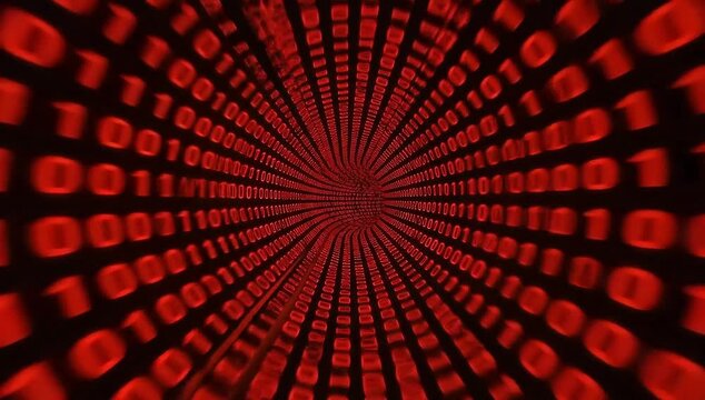 Abstract digital tunnel with glowing red binary code flowing into the distance, representing data and technology.
