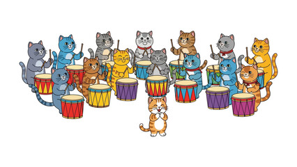 Harmony of the Feline Orchestra: a charming illustration depicting a playful ensemble of cats engaging in a drumming performance.