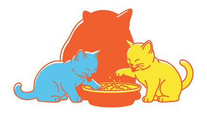 Kittens' Mealtime: A joyful illustration showcasing three colorful kittens eagerly eating from a shared food bowl, embodying warmth and playful interaction.