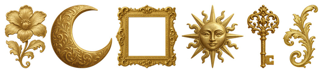 PNG Elegant gold decorative elements, element set on transparent background