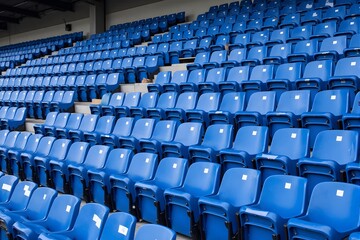 Empty blue stadium seats in the afternoon.