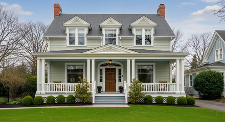 Beautiful Suburban House with Porch and Well-Maintained Garden