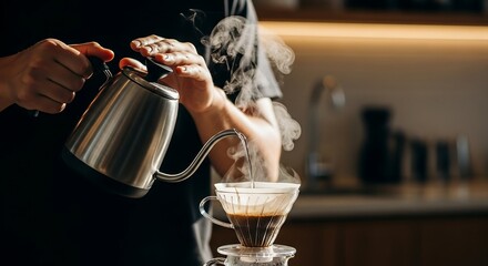 Barista hand-dripping coffee with V60 pour-over, steam rising in motion, medium close-up beverage photography for minimalist café ads