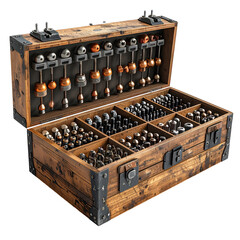 Wooden toolbox filled with various metal components