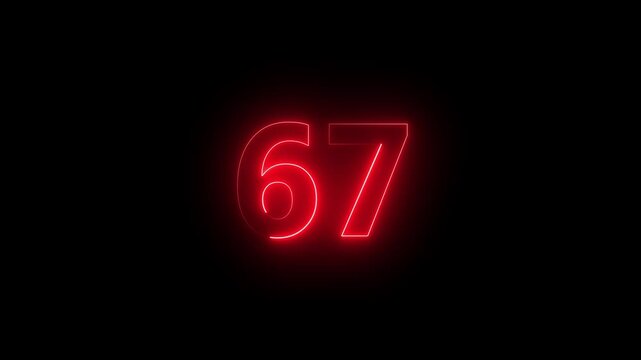67 number neon bright red color animation on black background 4k video.