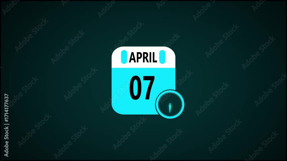 Poster april month calendar animation on black background. animated calendar icon showing the date april 7t