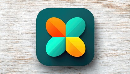 Square app icon, dark teal background, four colorful overlapping shapes forming a cross-like design