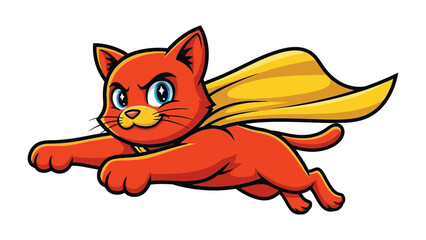 Superhero Cat in Action: A brave and dynamic superhero cat, donned in a vibrant costume, soars boldly forward, embodying strength and a heroic spirit in a cartoon graphic. 