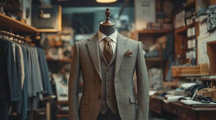 Fototapeta premium A classic three-piece suit on a mannequin in a tailor's shop will emphasize style and quality for fashion blogs and men's clothing advertisements.