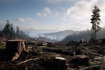 Deforestation area with tree trunks and stumps. Environmental destruction. Ecological problem. Global warming. Climate change. Biodiversity loss. Human impact on nature. Forest exploitation