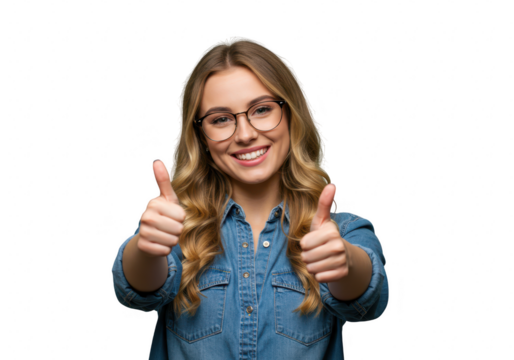 Happy young woman with blonde hair wearing glasses and a denim shirt, giving two thumbs up, isolated on transparent background - Powered by Adobe