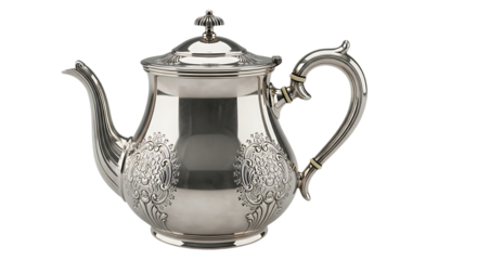 Antique silver teapot with ornate floral engraving isolated on transparent background
