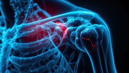 Explore shoulder pain and injury with this stunning anatomical rendering showing the human skeletal system