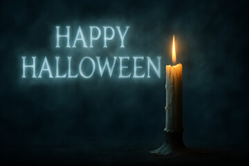 A happy halloween scene with a candle burning brightly next to the words happy halloween in the background, halloween design