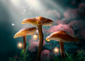 Fantasy mushrooms with hanging glowing lanterns in enchanted fairy forest, fairytale magical autumn landscape, mysterious natural background with deep dark wood.