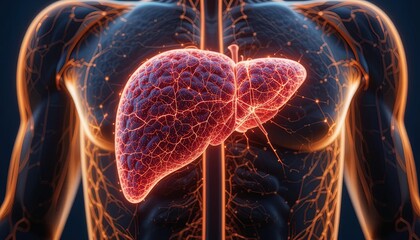 Glowing human liver model for medical studies showcases healthy organ function for research purposes