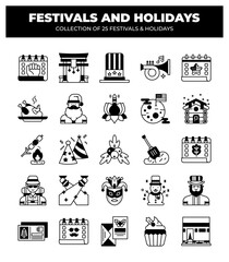 Collection of 25 Festivals and Holidays. Icons and Symbols