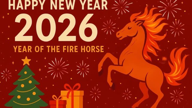 Creative animated New Year greeting video card for 2026, themed around the Fire Horse zodiac. Perfect for holiday wishes, seasonal greetings, and festive marketing.