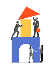 Creative collage. People constructing house shape with colorful blocks as symbol of teamwork. Concept of corporate growth, startup building, education collaboration and creative industry design.