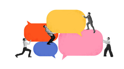 Minimalist collage. Team of people interacting with colorful speech bubbles symbolizing communication. Concept of business communication, marketing promotion, teamwork and creative collaboration.