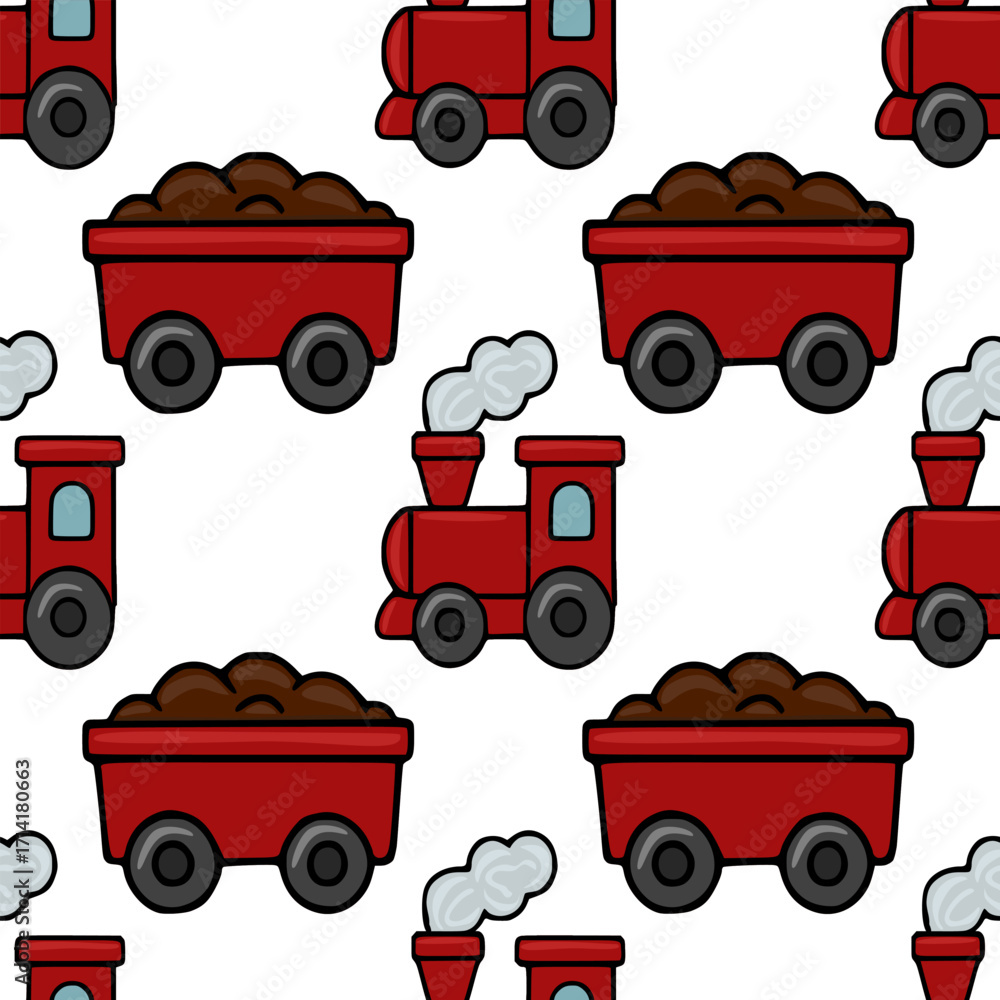 Poster seamless vector pattern featuring a charming christmas train and coal cars in a playful red and brow