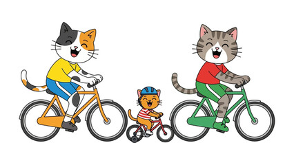 Fototapeta premium Whimsical Feline Family: A charming illustration of a feline family, cheerfully cycling together on their bicycles, exuding warmth, fun, and familial togetherness, on a sunny day.