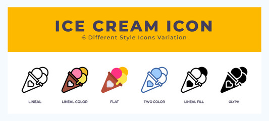 Ice cream icon set with different styles. Icons designed in filled. outline. flat. glyph and line colored.
