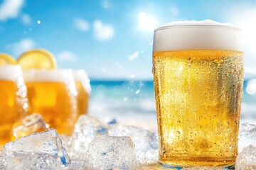 Refreshing cold beer on sunny beach with blue ocean waves and clear sky