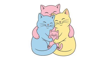 Warm Embrace: A loving illustration portrays a cozy gathering of adorable feline characters embracing, highlighting familial bonds and affection. 