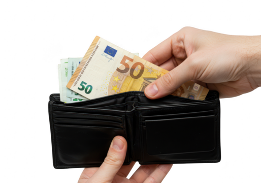Hand holding a black leather wallet with euro banknotes inside, isolated on transparent background